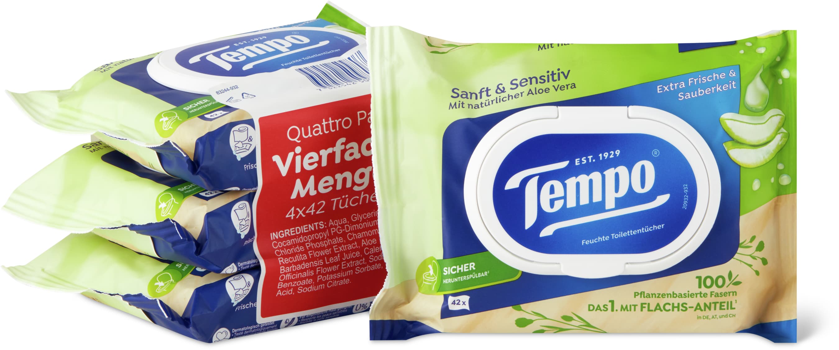 Tempo Lingettes douces pour peaux sensibles Aloe vera 4x42